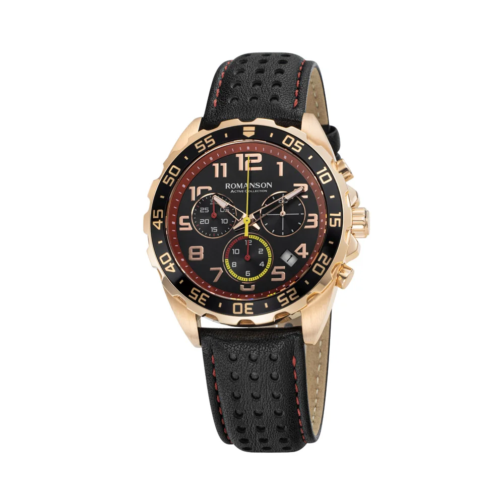 Romanson Black Dial Analog Leather Strap Chronograph Watch for Men - Image 2