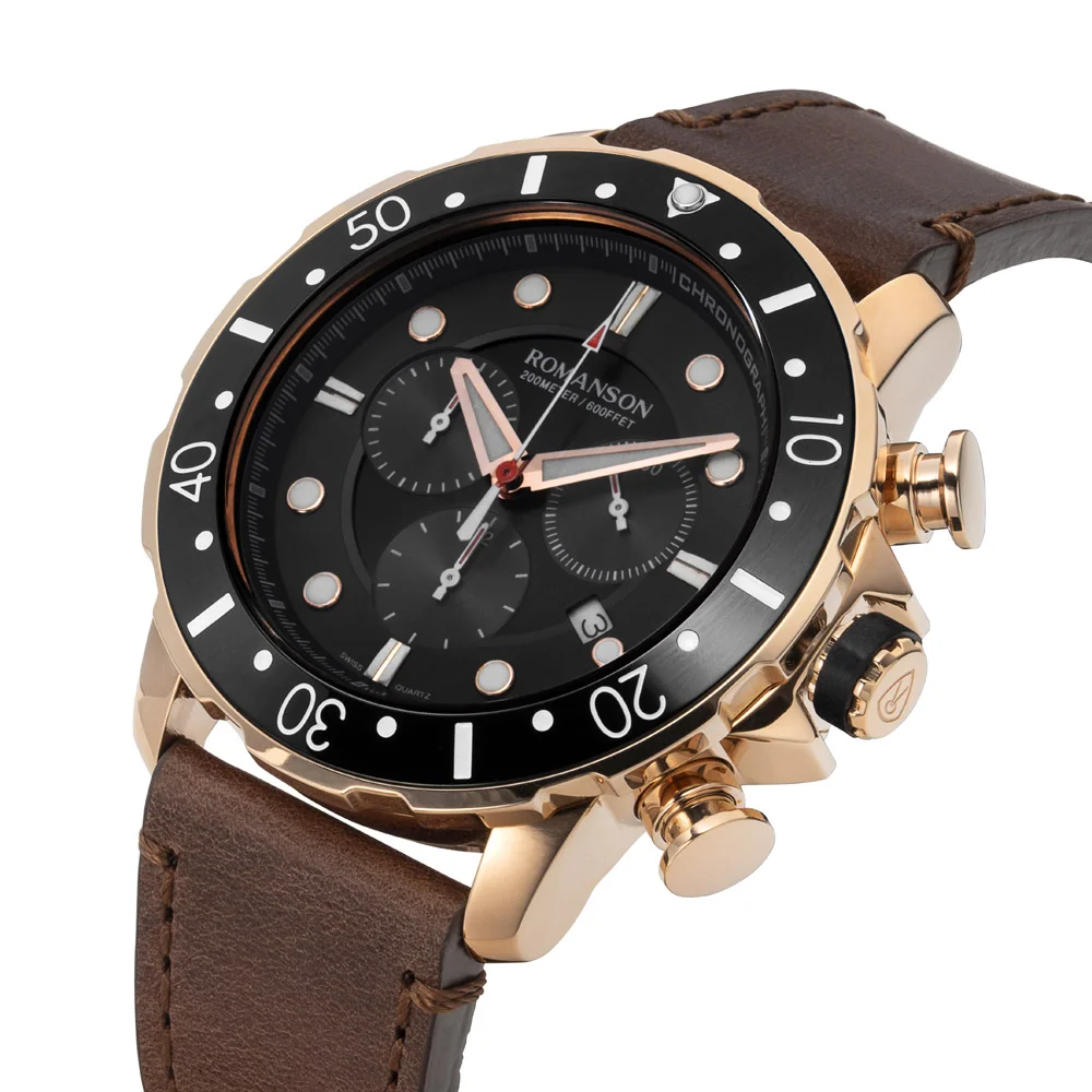 Romanson Black Dial Leather Strap Chronograph Watch for Men - Image 5